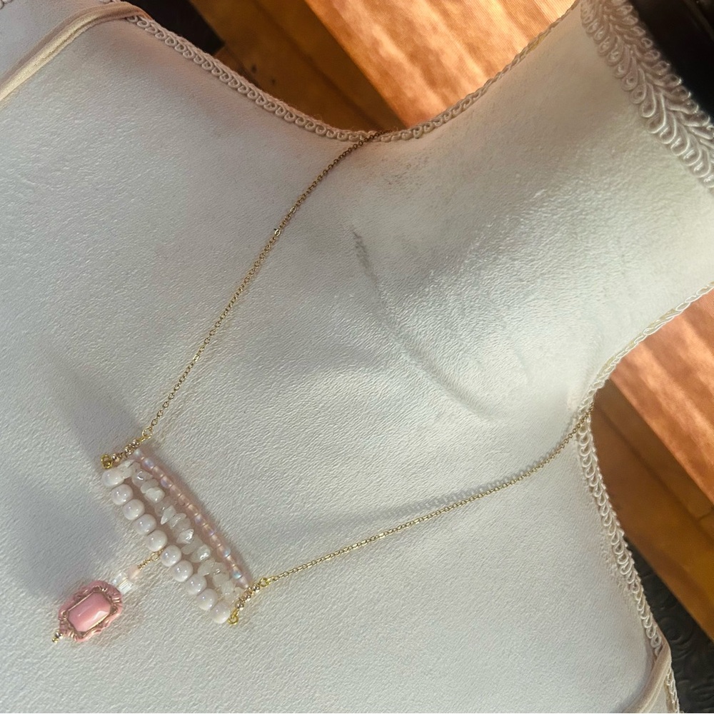 Handcrafted triple row bar stone rose quartz art glass necklace